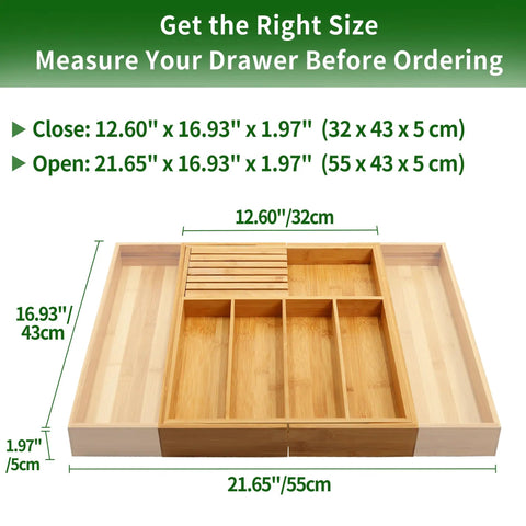 Natural Bamboo Utensil Drawer Organizer Expandable Cutlery Tray dimensions shown in closed and open positions with accurate measurements.