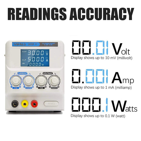 Regulated Variable DC Bench Power Supply 0 To 30V And 0 To 5A Low Noise Switch Mode display panel with reading accuracy