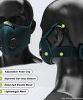 Pro Grade M Plus Dust Mask Reusable Respirator With 99.9 Percent Carbon Filters worn on mannequin, showing adjustable features.