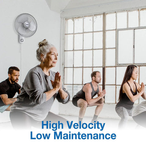 Commercial Grade Oscillating 16 Inch Wall Mount Fan With 17100 CFM Airflow For Workshops Gyms Stores Classrooms And Offices Beefy Heavy Duty Adjustable Oscillation Easy Mounting 9016 Model installed in a yoga class.
