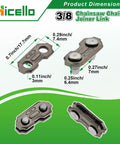 Hicello 3/8 inch pocket chainsaw chain joiner links; metal riveted plates shown from front and side views