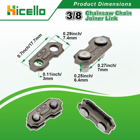 Hicello 3/8 inch pocket chainsaw chain joiner links; metal riveted plates shown from front and side views