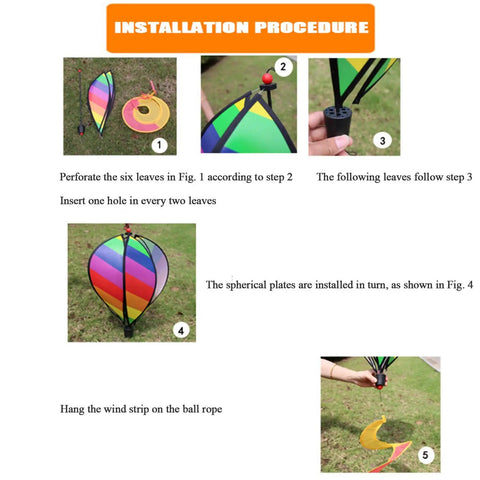Installation steps for Rainbow Windsock Set Of 3 Hot Air Balloon Wind Spinners for outdoor garden decor showcasing assembly process.