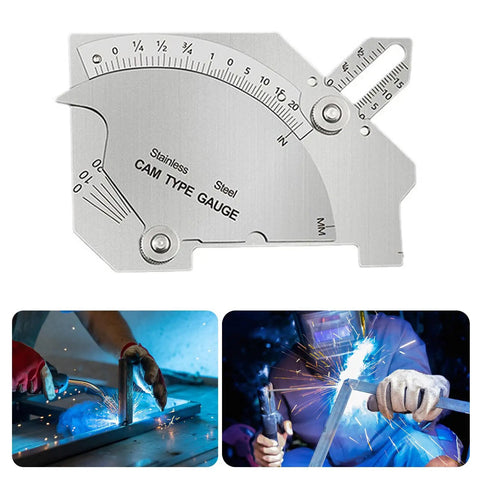 Bridge Cam Welding Gauge Set With Clear Scale shown with steel welding tool in use beneath welding sparks.