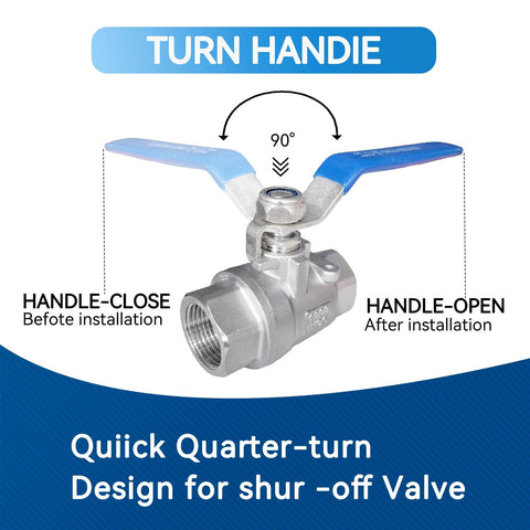 Front view of 3/4-inch full-port 304 stainless steel ball valve with blue handles, locking device, female NPT threads