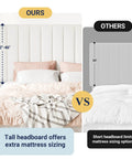 Hella Spacious Full Size Storage Bed Frame With Super Plush Velvet Upholstery And Adjustable Tufted Headboard Plus Four Massive Rolling Drawers For Zero Box Spring Hassle In Crisp White comparison of tall and short headboards, showing height difference.