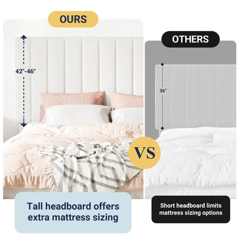 Hella Spacious Full Size Storage Bed Frame With Super Plush Velvet Upholstery And Adjustable Tufted Headboard Plus Four Massive Rolling Drawers For Zero Box Spring Hassle In Crisp White comparison of tall and short headboards, showing height difference.