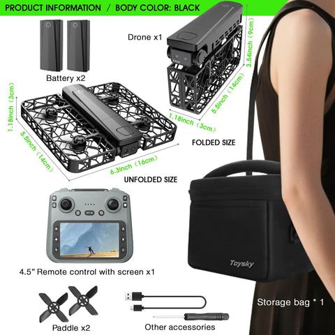 Pocket Size Drone With Optical Flow Positioning Foldable Design And 720P HD Camera Dual Batteries Black layout with accessories