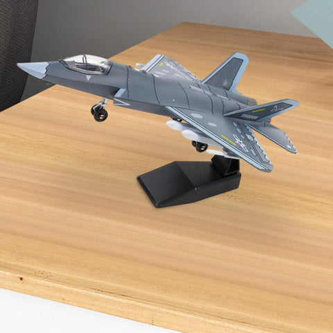 J35 Fighter Aircraft Buildable Model Kit displayed on a desk, detailed gray assembly, durable blocks, ideal for collectors.