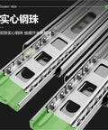 Close-up of a Beefed Up Drawer Slide Rail Kit With Damping And Hydraulic Three Section Wardrobe Cabinet Door Track Two Pieces White And Green Cushion 10 Inch 25 Cm Set