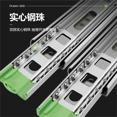 Close-up of a Beefed Up Drawer Slide Rail Kit With Damping And Hydraulic Three Section Wardrobe Cabinet Door Track Two Pieces White And Green Cushion 10 Inch 25 Cm Set