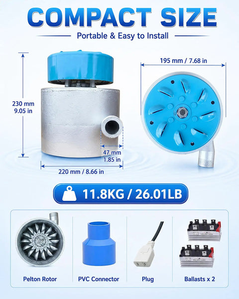 3kW Micro Hydroelectric Generator For Home Off Grid Camping Portable 110V 220V Power Unit with parts and dimensions.