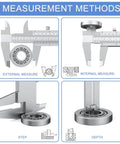 6-inch Vernier caliper, stainless steel, with external/internal/depth/step measurement diagrams