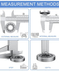 Vernier Caliper 6 Inch Non Digital Measuring Tool With Inside Outside Depth And Step Measurements High Precision Caliper 0.02mm 0.001 Inch Ideal For Metalworking And DIY Projects Durable Carbon Steel Construction. Measurement methods chart for 6-inch non-digital vernier caliper, showing external, internal, step, and depth use