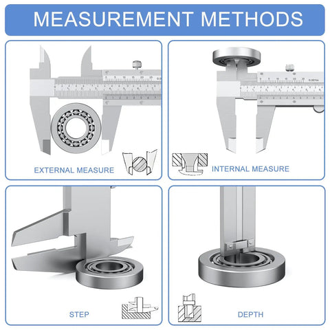 Vernier Caliper 6 Inch Non Digital Measuring Tool With Inside Outside Depth And Step Measurements High Precision Caliper 0.02mm 0.001 Inch Ideal For Metalworking And DIY Projects Durable Carbon Steel Construction. Measurement methods chart for 6-inch non-digital vernier caliper, showing external, internal, step, and depth use