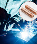 MB15 15AK MIG Welding Torch Kit Replacement Tips and Diffuser Set in use with welder and close-up of 035 inch contact tips.