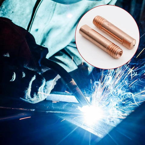 MB15 15AK MIG Welding Torch Kit Replacement Tips and Diffuser Set in use with welder and close-up of 035 inch contact tips.