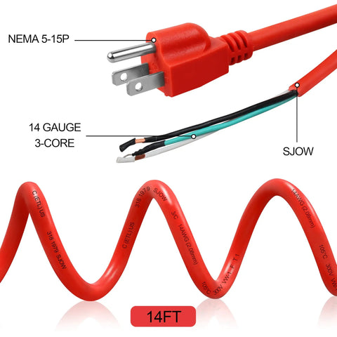 14 Feet 14 Gauge Heavy Duty Power Cord Replacement For Ridgid Pipe Threaders with NEMA 5-15P plug and SJOW design.