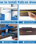 Cabinet Hardware Jig For Precise Handle Knob And Drawer Pull Installations With Three Piece Point Wood Drill Bits 3mm 4mm 5mm And Dowelling Guide Set Durable Woodworking Drill Guide For Doors And Drawers No Jitter Easy To Use DIY Friendly shown in use on drawer