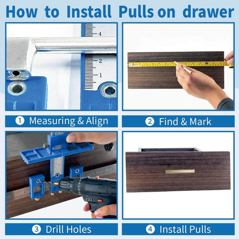 Cabinet Hardware Jig For Precise Handle Knob And Drawer Pull Installations With Three Piece Point Wood Drill Bits 3mm 4mm 5mm And Dowelling Guide Set Durable Woodworking Drill Guide For Doors And Drawers No Jitter Easy To Use DIY Friendly shown in use on drawer