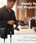 Slick 12 Volt AC Adapter For Cordless Drill Driver Featuring Plug And Play Design, shown with a cordless drill in a workshop setting.