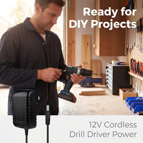 Slick 12 Volt AC Adapter For Cordless Drill Driver Featuring Plug And Play Design, shown with a cordless drill in a workshop setting.