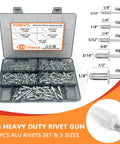 Open kit of 210 blind rivets in five sizes for Quarter Inch Pop Rivet Gun Kit With 210 Blind Rivets And Five Tool Free Interchangeable Heads.