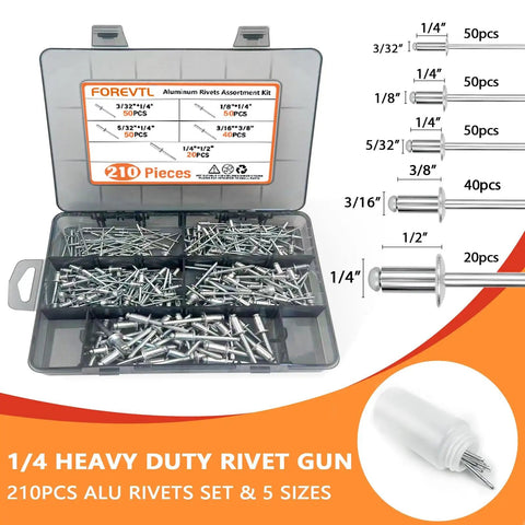 Open kit of 210 blind rivets in five sizes for Quarter Inch Pop Rivet Gun Kit With 210 Blind Rivets And Five Tool Free Interchangeable Heads.