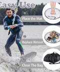 Man surfing with sand-free wetsuit mat and beach bag infographic; shows placement, use, and drawstring bag for easy use.
