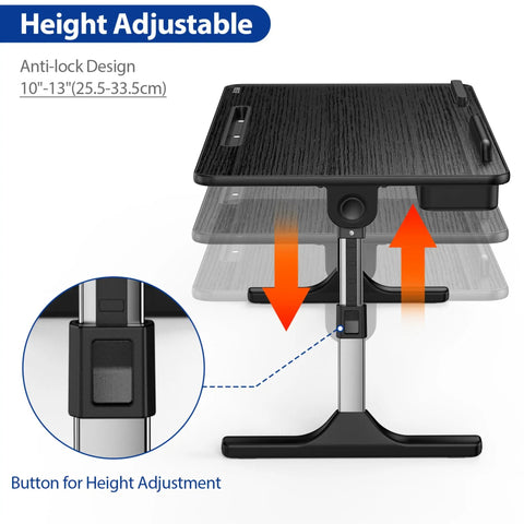 Adjustable Laptop Table With Built In Tablet Groove And Storage Drawer Portable Lap Desk shown with height adjustment feature.