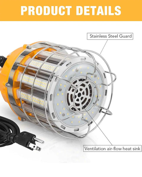 LED Temporary Work Light 100W With 12000 Lumens And 5000K Daylight Stainless Steel Guard Portable Hanging Work Lamp