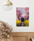 Vintage Steam Train Tin Sign with cherry blossom tunnel and yellow wildflowers, 8x12 Inch metal plaque decor in living room