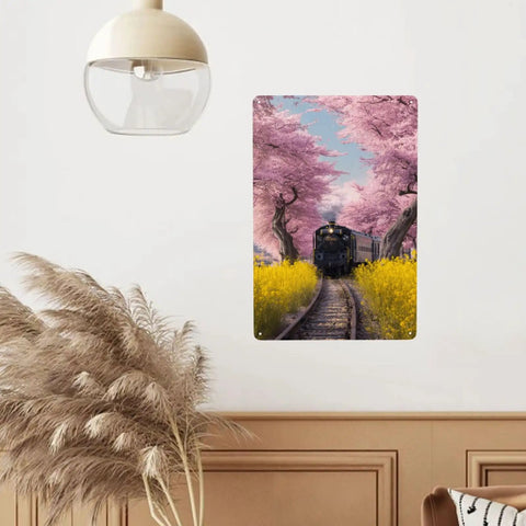 Vintage Steam Train Tin Sign with cherry blossom tunnel and yellow wildflowers, 8x12 Inch metal plaque decor in living room