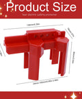 Adjustable Ball Valve Lockout Device for valves 0.5 to 2.5 inches, red plastic with five padlock compatibility, size dimensions shown