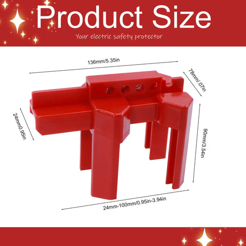 Adjustable Ball Valve Lockout Device for valves 0.5 to 2.5 inches, red plastic with five padlock compatibility, size dimensions shown