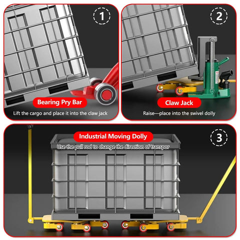 Rock Solid Heavy Duty Moving Dolly With Thickened Steel Base And Smooth PU Swivel Casters For Easy Furniture And Machinery Transport Heavy Lifting Makes Quick Work Of Any Job shown with claw jack and pry bar.