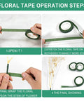 Dope DIY Floral Craft Kit With ABS Pearls, Metal Wire, 2mm Flower Stems, Scissors, Pliers And Green Tape shown in use, focusing on green tape application steps for floral arrangements.