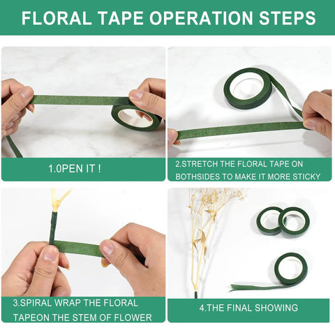 Dope DIY Floral Craft Kit With ABS Pearls, Metal Wire, 2mm Flower Stems, Scissors, Pliers And Green Tape shown in use, focusing on green tape application steps for floral arrangements.