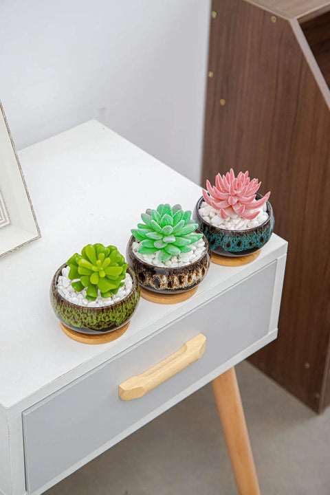 Five Pack Cute Ceramic Succulent Planters With Drainage And Attached Saucers, Round 4x2 Inches, Perfect Desk Or Windowsill Garden Decor, Great Gift For Plant Lovers, Plants Not Included; three planters on desk