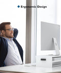 Wooden Monitor Stand Riser With Two Tier Desk Shelf And Cable Management Phone Holder And Eco Friendly White Finish Ergonomic Computer Desk Organizer To Reduce Strain For Home Office And Workstation 16.5 Inch on desk with monitor