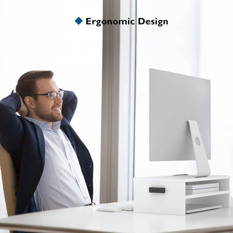 Wooden Monitor Stand Riser With Two Tier Desk Shelf And Cable Management Phone Holder And Eco Friendly White Finish Ergonomic Computer Desk Organizer To Reduce Strain For Home Office And Workstation 16.5 Inch on desk with monitor