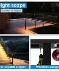 Rock Solid Heavy Duty Black Aluminum LED Cable Railing Handrail Six Foot Six Inches For Deck And Stairs Includes Extension Connector And End Cap Slick Indoor Outdoor Safety Guard Rail lit at night on deck with steps.