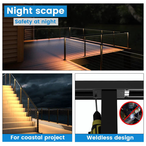 Rock Solid Heavy Duty Black Aluminum LED Cable Railing Handrail Six Foot Six Inches For Deck And Stairs Includes Extension Connector And End Cap Slick Indoor Outdoor Safety Guard Rail lit at night on deck with steps.