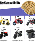 Coiled gold bicycle chain over a collage of minibikes including DB30, CT100U, CC100X, MBX10, MM-B80, and a 79cc engine