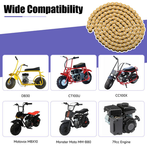 Coiled gold bicycle chain over a collage of minibikes including DB30, CT100U, CC100X, MBX10, MM-B80, and a 79cc engine