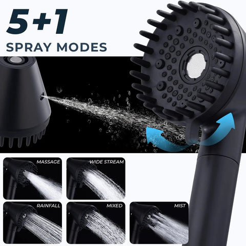 Magnetic Docking Handheld Shower Head With High Pressure Power Wash Mode demonstrating 6 spray modes, matte black