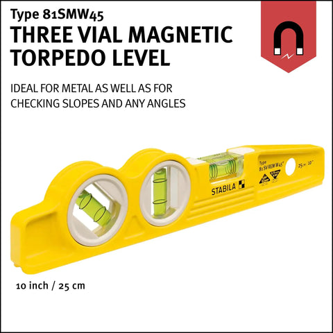 Die Cast Three Vial Torpedo Level With 1 Percent And 2 Percent Slope Rings, Vertical Plumb Vial, And 45 Degree Vial For Quick, Accurate Angles On Any Jobsite