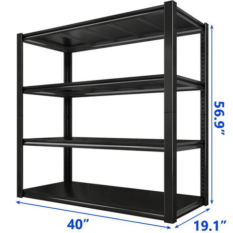 40 Inch Wide Garage Shelving Unit With Heavy Duty Steel Panels, 2000 Lb Capacity, 57 Inch Tall Industrial Shelving For Basement, Shed Or Warehouse Storage, Durable 4 Rib Shelves, black 4-shelf front view