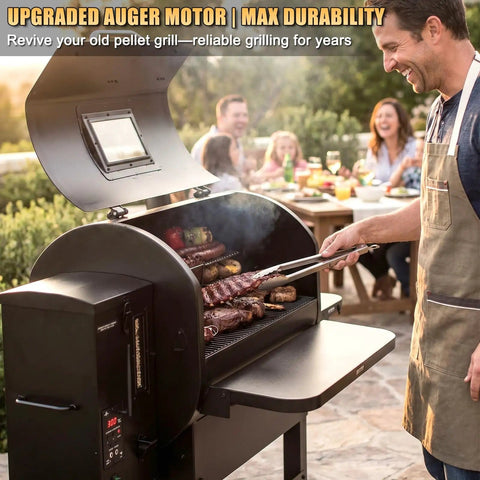 Man grilling on pellet grill fitted with Upgraded 2.0 RPM Auger Motor Replacement For Pellet Grills And Smokers, family in background.