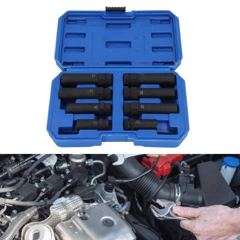 Thin Walled Cr Mo Steel Lug Nut Socket Set With Spline Lug Nut Keys in a blue case; mechanic using kit in engine bay